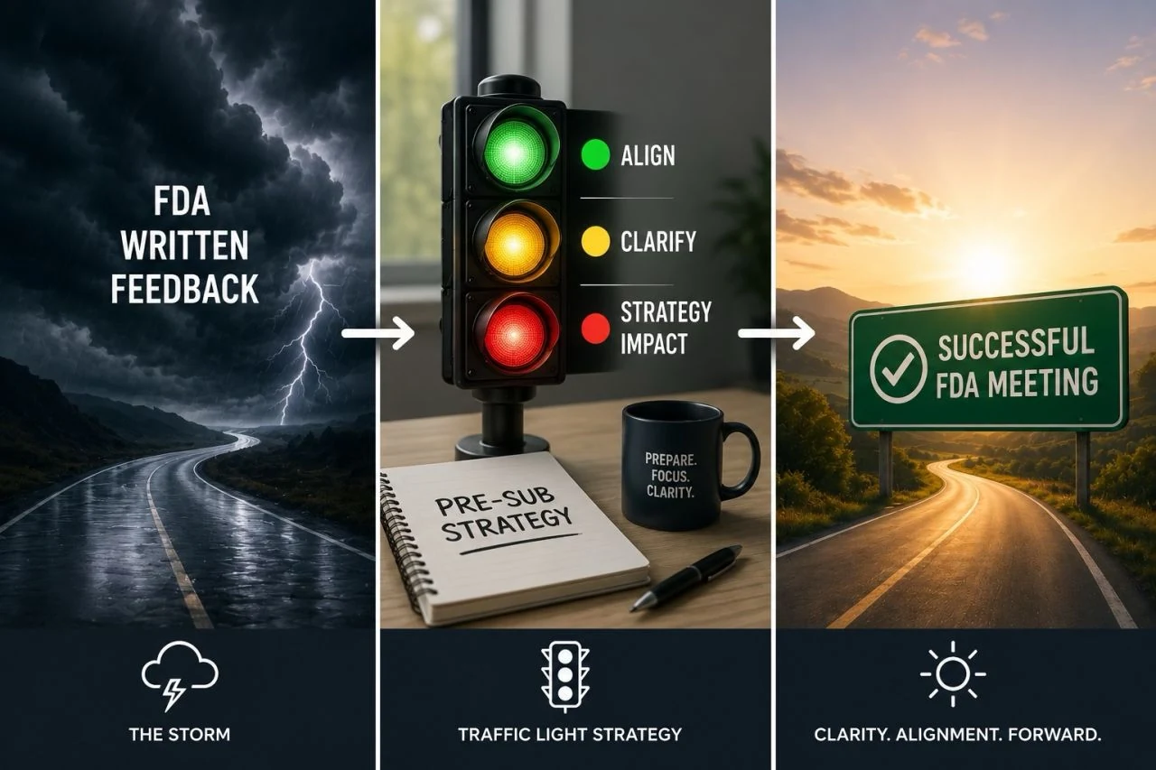 FDA written feedback moves through a traffic-light strategy: green for alignment, yellow for clarification, and red for strategy impact.
