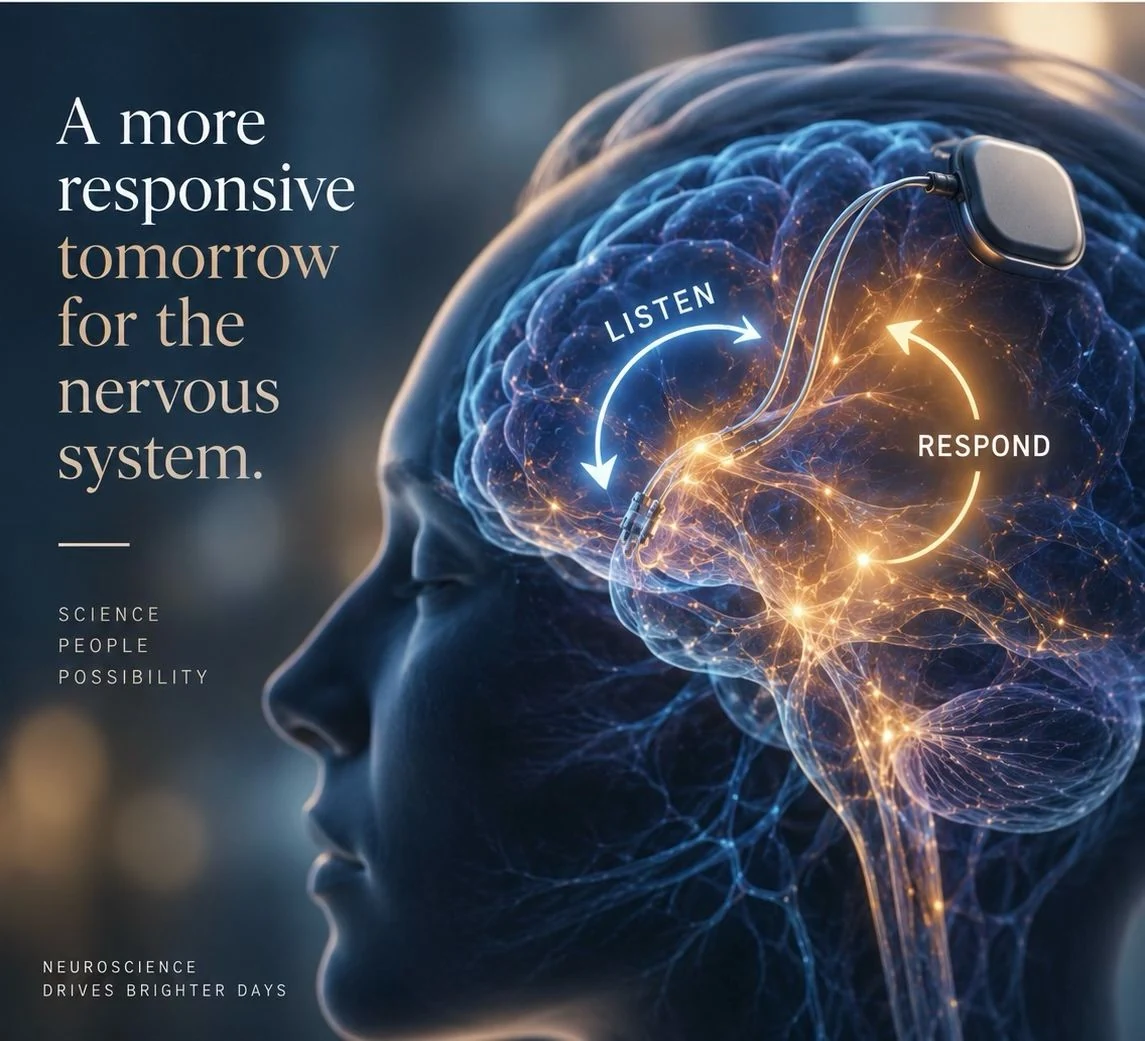 A conceptual neurostimulation illustration showing a listen-and-respond loop in the nervous system.