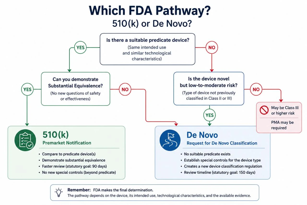 Illustrated decision tree comparing the FDA 510(k) and De Novo pathways. View the image at full size for its details.