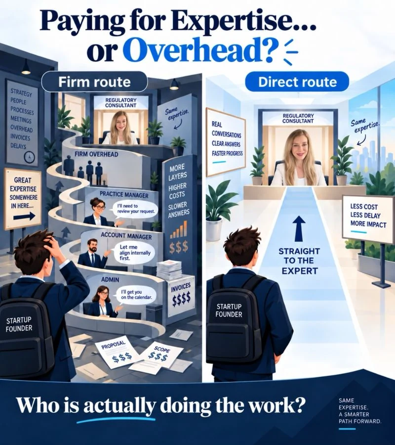 Illustrated comparison between a consulting firm route and direct access to an expert, asking: Who is actually doing the work?